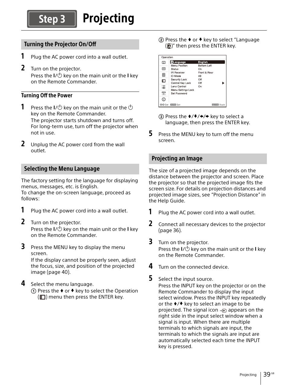 Projecting, Turning the projector on/off, Selecting the menu language | Projecting an image, Step 3 | Sony E 30mm f/3.5 Macro Lens User Manual | Page 39 / 135