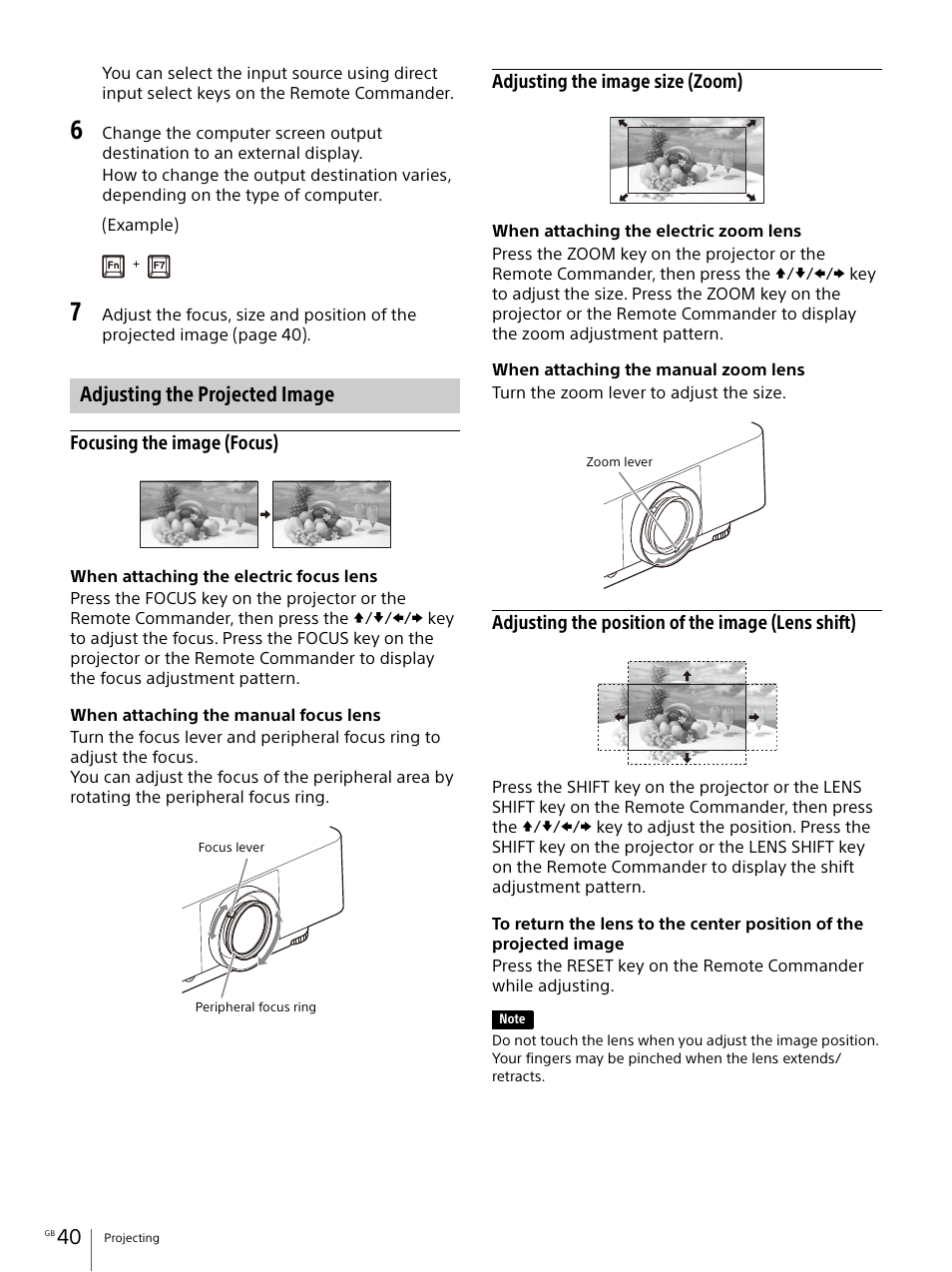 Adjusting the projected image | Sony E 30mm f/3.5 Macro Lens User Manual | Page 40 / 135