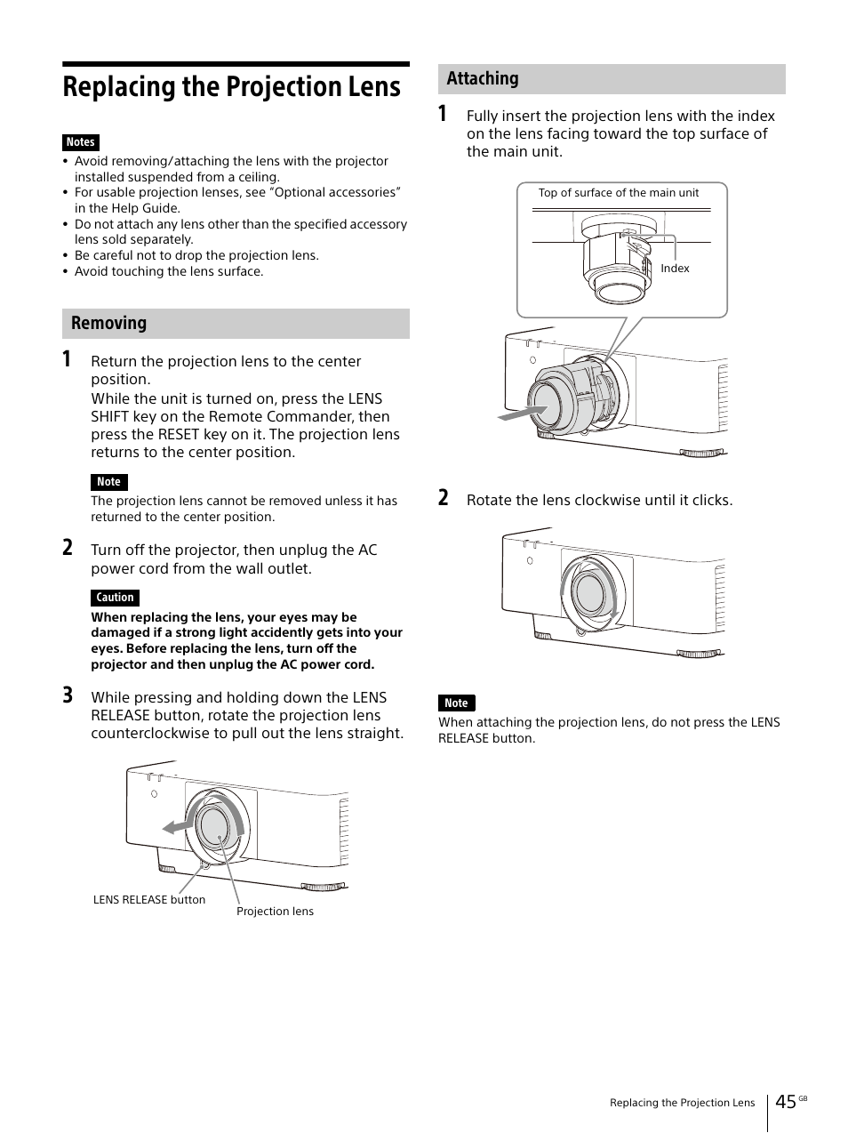 Replacing the projection lens, Removing, Attaching | Sony E 30mm f/3.5 Macro Lens User Manual | Page 45 / 135