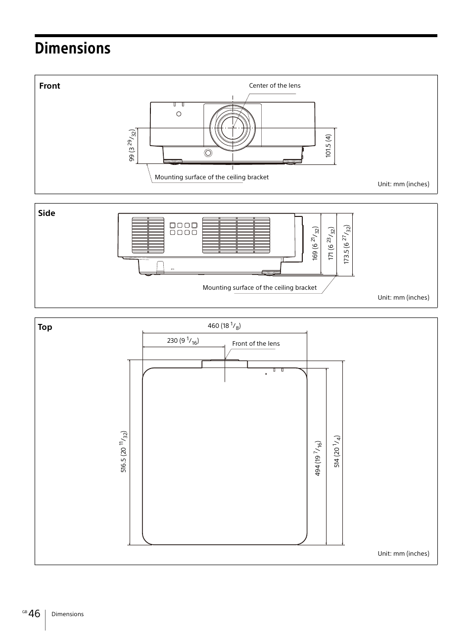 Dimensions, Front, Side | Sony E 30mm f/3.5 Macro Lens User Manual | Page 46 / 135