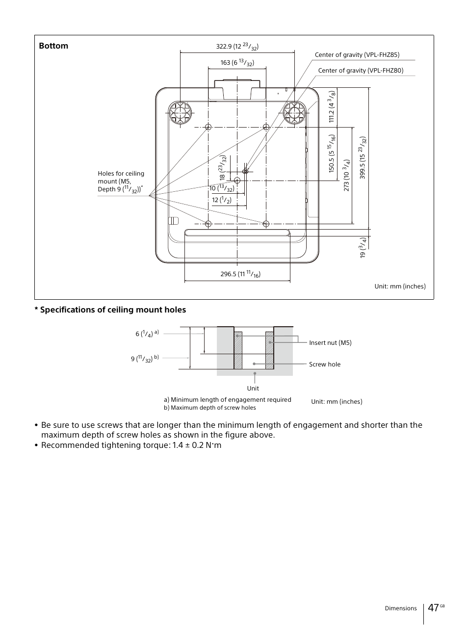 Specifications of ceiling mount holes, Recommended tightening torque: 1.4 ± 0.2 n  m, Bottom | Sony E 30mm f/3.5 Macro Lens User Manual | Page 47 / 135