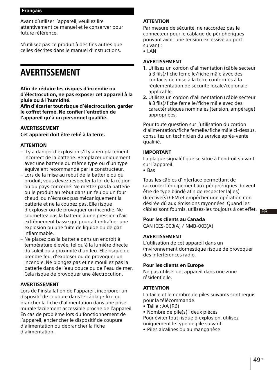 Avertissement | Sony E 30mm f/3.5 Macro Lens User Manual | Page 49 / 135