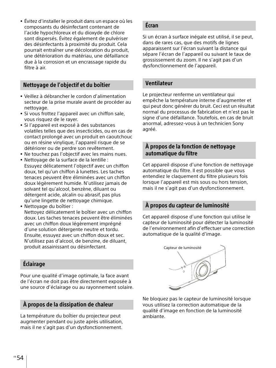 Nettoyage de l’objectif et du boîtier, Éclairage, À propos de la dissipation de chaleur | Écran, Ventilateur, À propos du capteur de luminosité | Sony E 30mm f/3.5 Macro Lens User Manual | Page 54 / 135