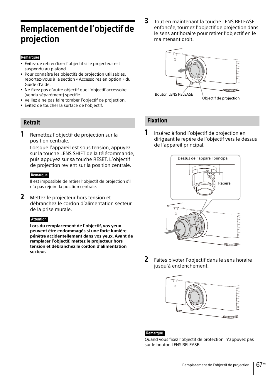 Remplacement de l’objectif de projection, Retrait, Fixation | Sony E 30mm f/3.5 Macro Lens User Manual | Page 67 / 135