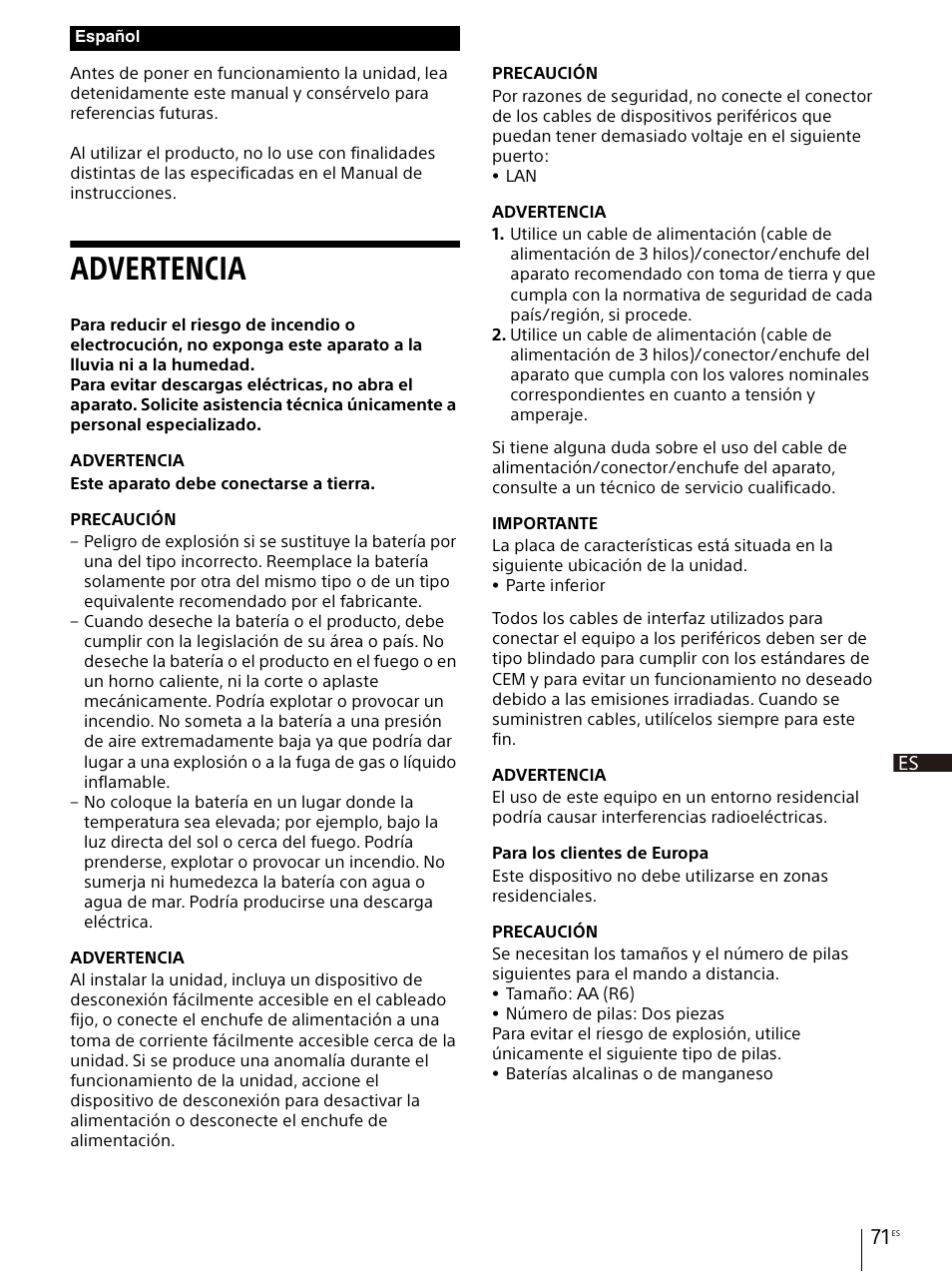 Advertencia | Sony E 30mm f/3.5 Macro Lens User Manual | Page 71 / 135