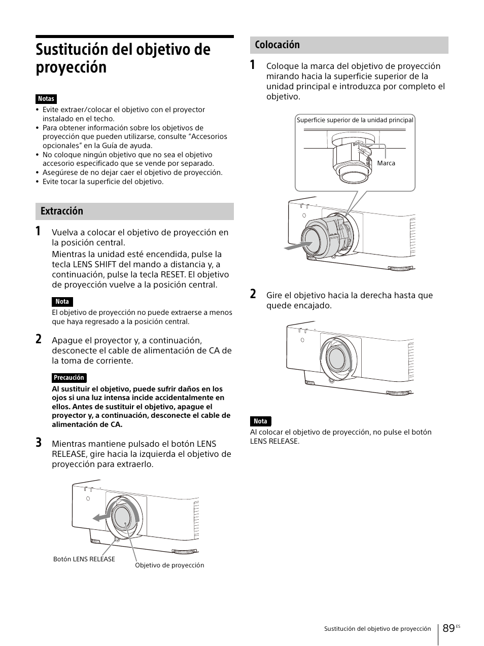 Sustitución del objetivo de proyección, Extracción, Colocación | Sony E 30mm f/3.5 Macro Lens User Manual | Page 89 / 135