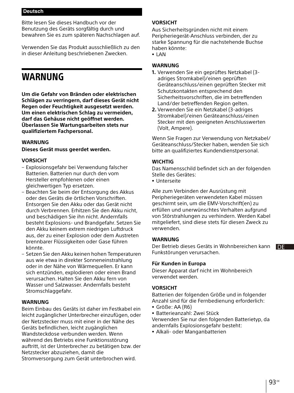 Warnung | Sony E 30mm f/3.5 Macro Lens User Manual | Page 93 / 135