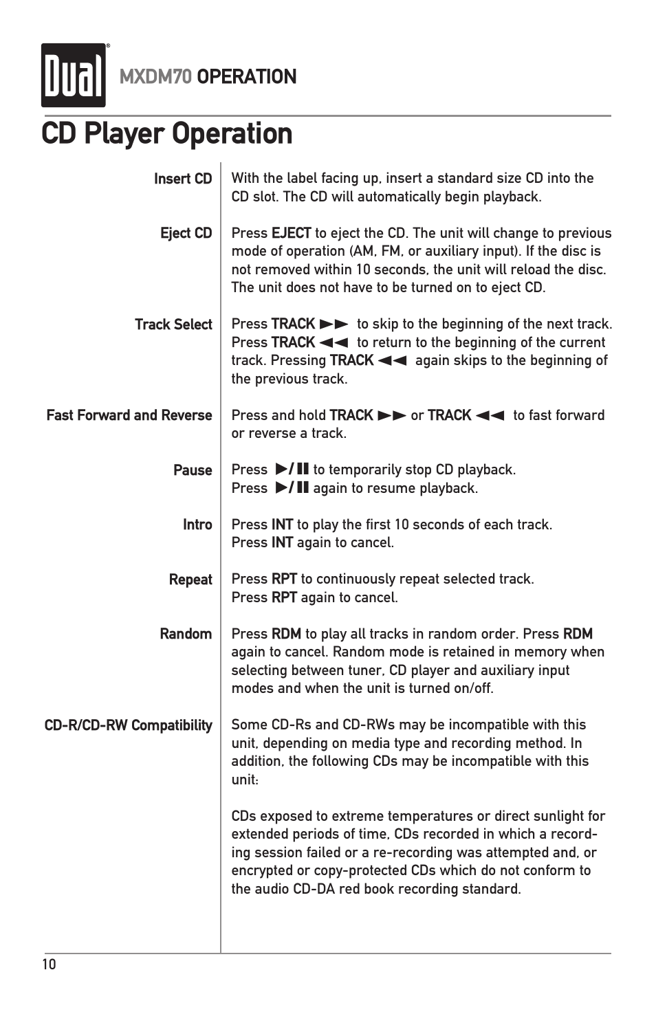 Cd player operation | Dual MXDM70 User Manual | Page 10 / 20