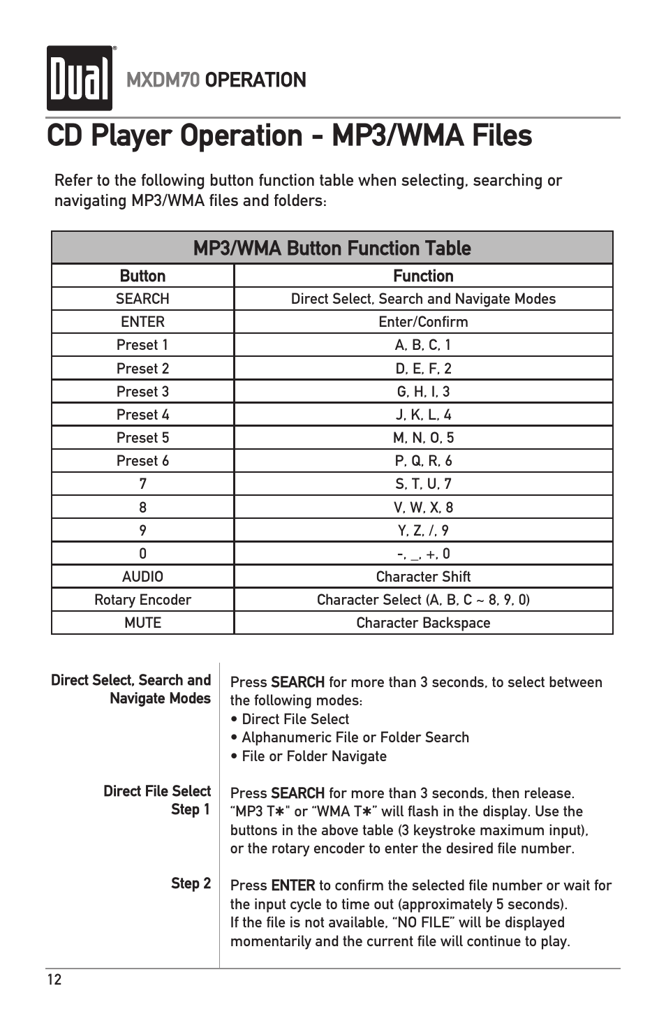 Cd player operation - mp3/wma files, Mp3/wma button function table, Mxdm70 operation | Dual MXDM70 User Manual | Page 12 / 20