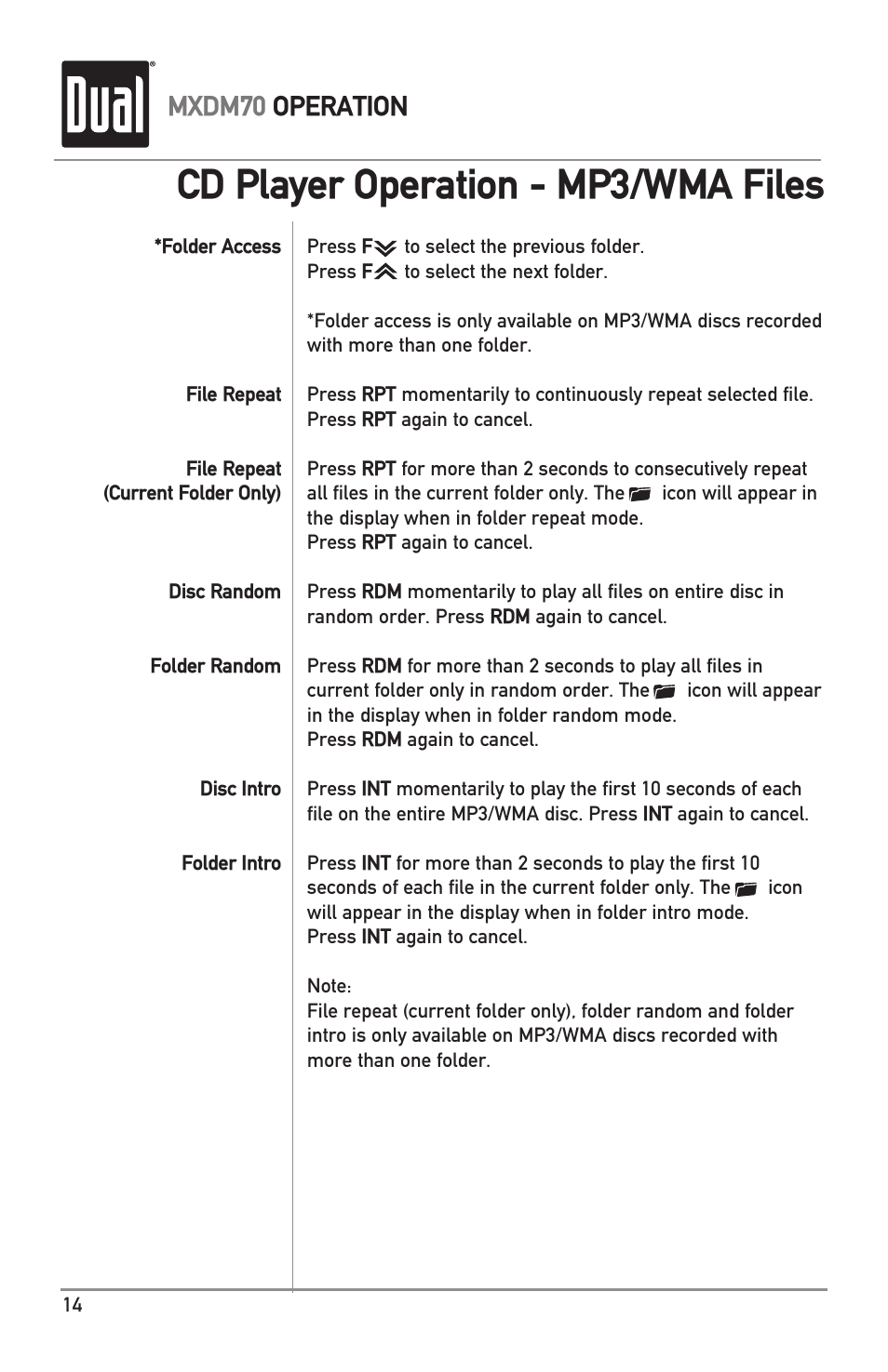 Cd player operation - mp3/wma files, Mxdm70 operation | Dual MXDM70 User Manual | Page 14 / 20