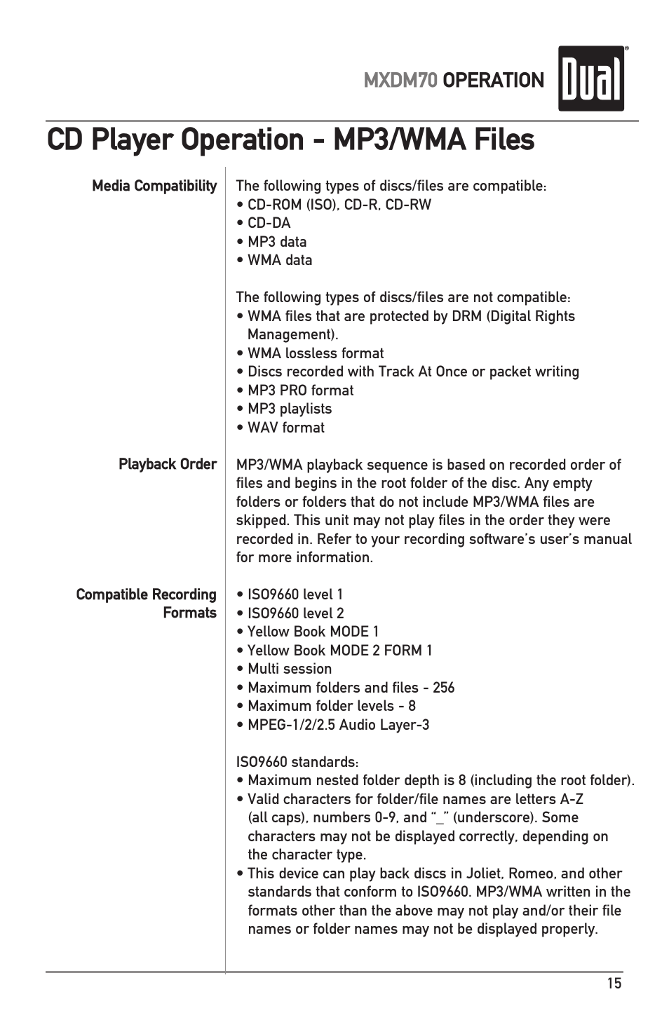 Cd player operation - mp3/wma files, Mxdm70 operation | Dual MXDM70 User Manual | Page 15 / 20