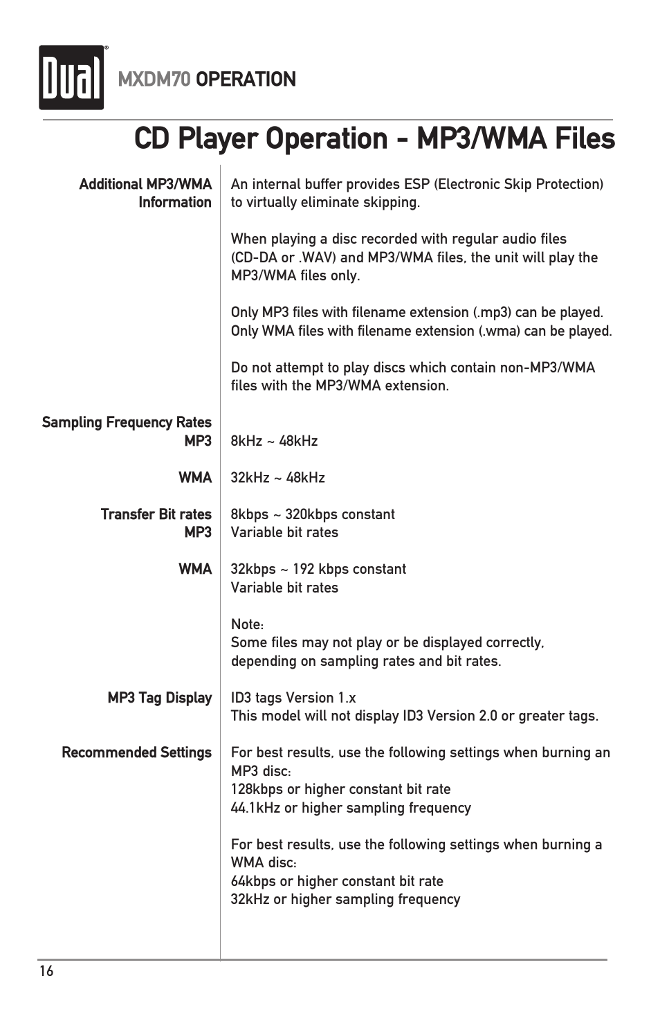 Cd player operation - mp3/wma files, Mxdm70 operation | Dual MXDM70 User Manual | Page 16 / 20