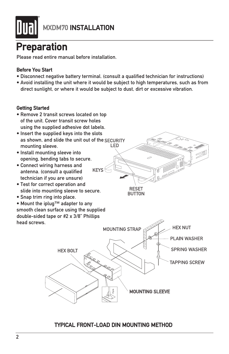 Preparation, Mxdm70 installation | Dual MXDM70 User Manual | Page 2 / 20