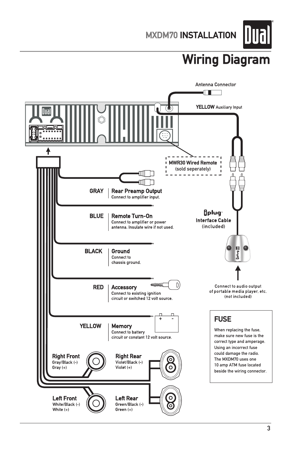 Wiring diagram, Mxdm70 installation | Dual MXDM70 User Manual | Page 3 / 20