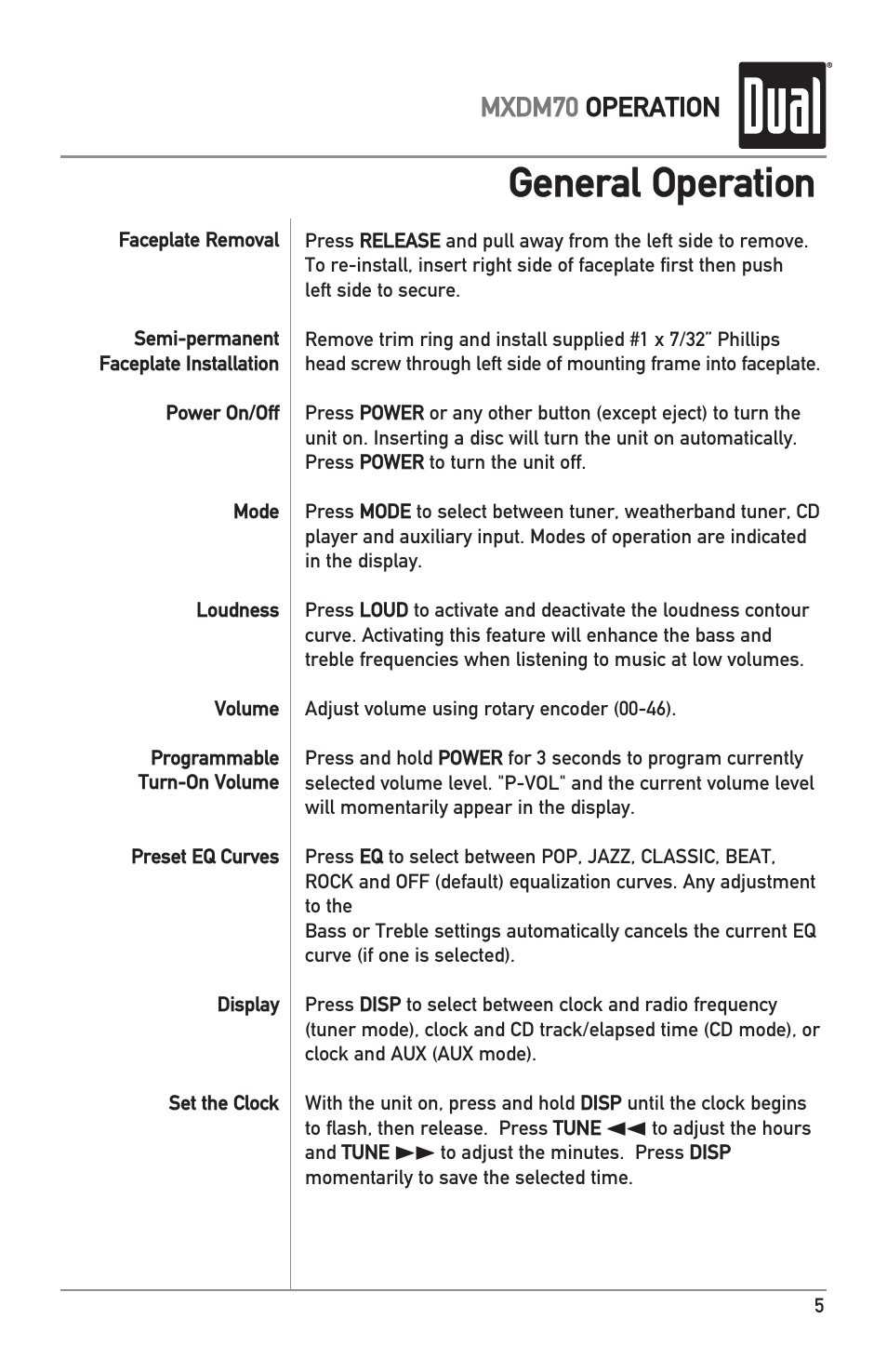 General operation, Mxdm70 operation | Dual MXDM70 User Manual | Page 5 / 20