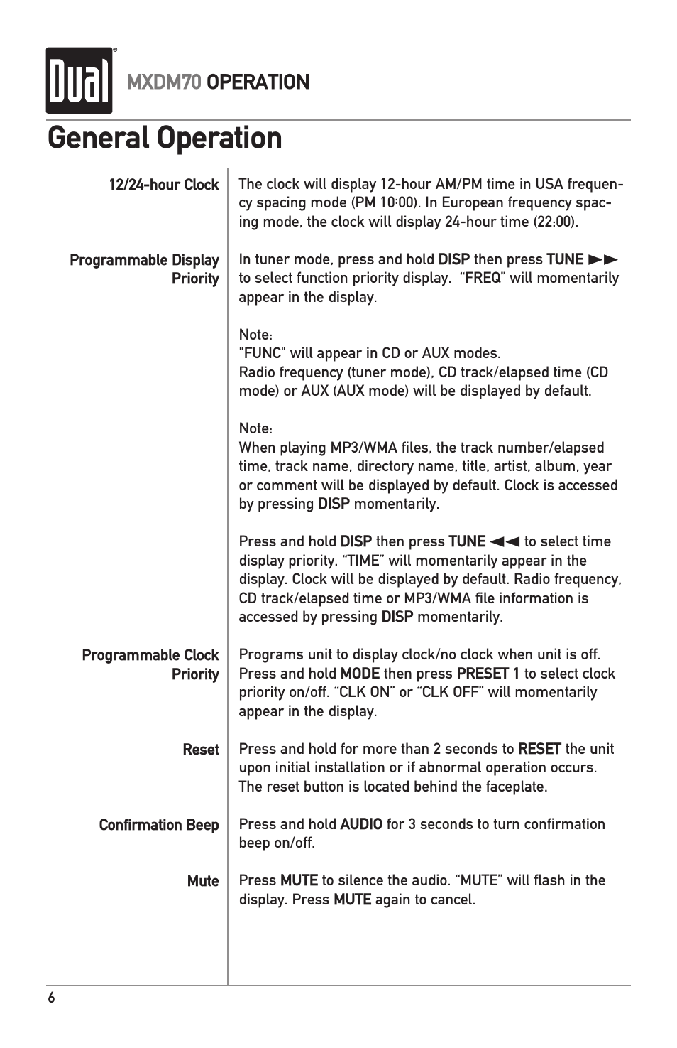 General operation, Mxdm70 operation | Dual MXDM70 User Manual | Page 6 / 20