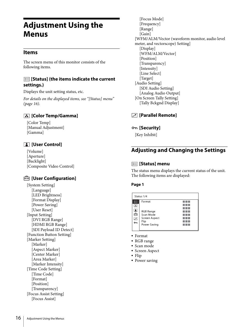 Adjustment using the menus, Items, Adjusting and changing the settings | Status] menu, Items adjusting and changing the settings | Sony E 50mm f/1.8 OSS Lens (Black) User Manual | Page 16 / 29