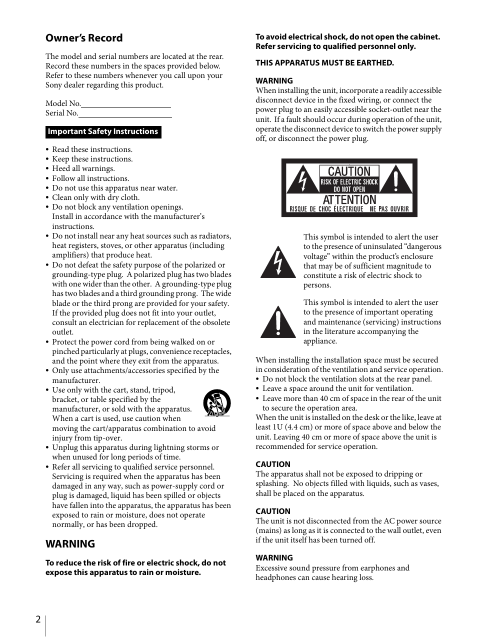 Owner’s record, Warning | Sony E 50mm f/1.8 OSS Lens (Black) User Manual | Page 2 / 29