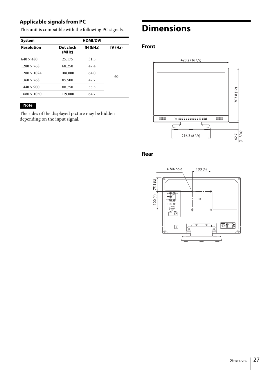 Dimensions, Applicable signals from pc, Front rear | Sony E 50mm f/1.8 OSS Lens (Black) User Manual | Page 27 / 29