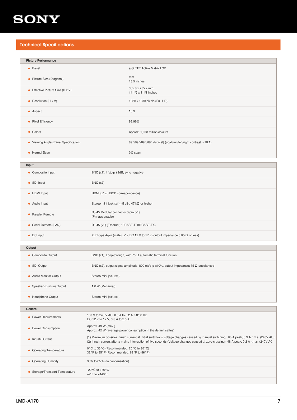 Technical specifications | Sony FE 600mm f/4 GM OSS Lens User Manual | Page 7 / 9