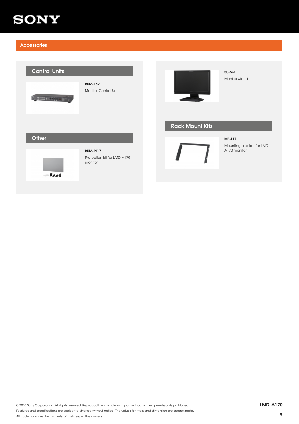 Accessories, Control units, Su-561 | Bkm-16r, Rack mount kits, Other, Mb-l17, Bkm-pl17, Control units other | Sony FE 600mm f/4 GM OSS Lens User Manual | Page 9 / 9