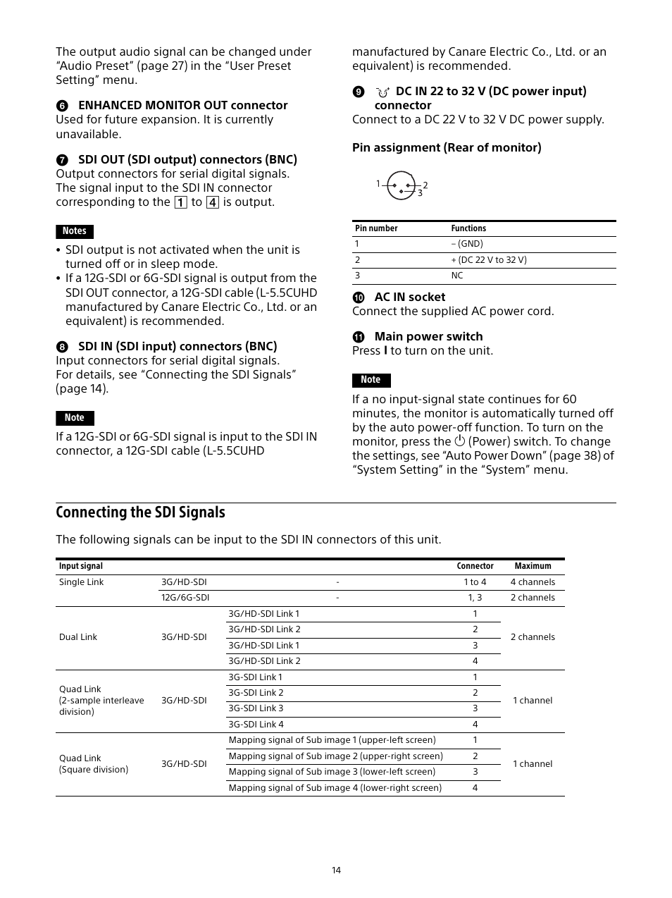 Connecting the sdi signals | Sony Planar T* FE 50mm f/1.4 ZA Lens User Manual | Page 14 / 55