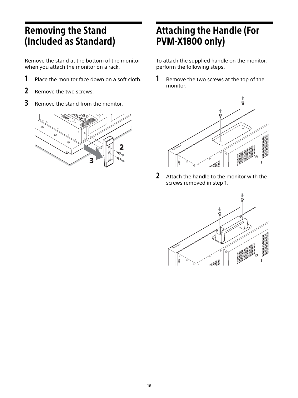 Removing the stand (included as standard), Attaching the handle (for pvm-x1800 only) | Sony Planar T* FE 50mm f/1.4 ZA Lens User Manual | Page 16 / 55