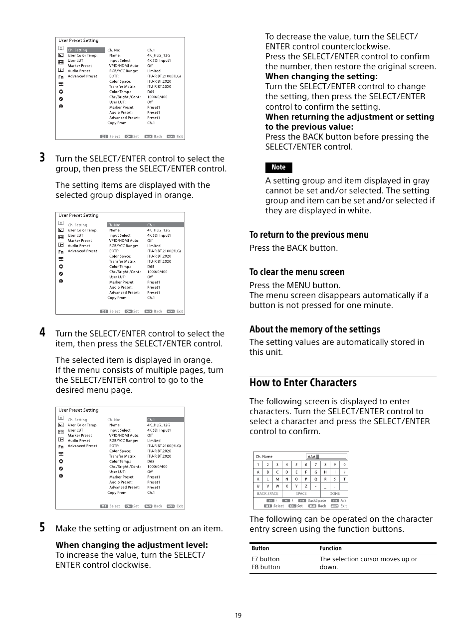 How to enter characters | Sony Planar T* FE 50mm f/1.4 ZA Lens User Manual | Page 19 / 55