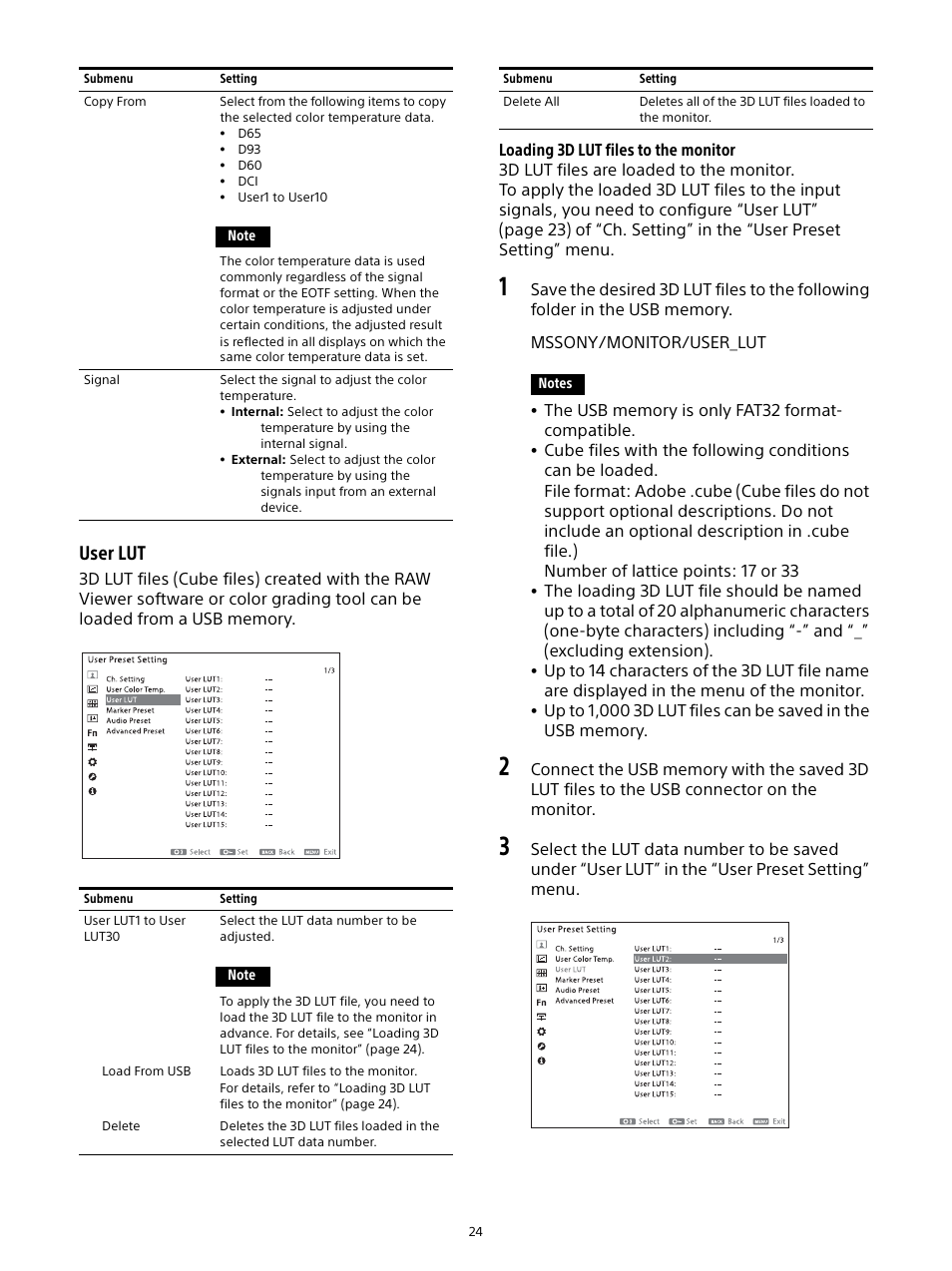 User lut | Sony Planar T* FE 50mm f/1.4 ZA Lens User Manual | Page 24 / 55