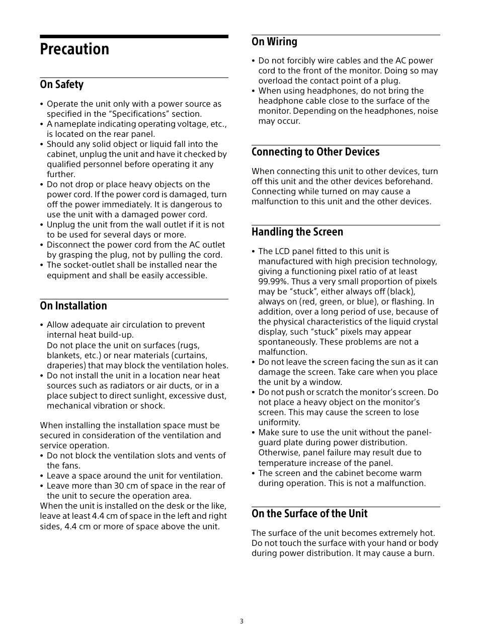 Precaution, On safety, On installation | On wiring, Connecting to other devices, Handling the screen, On the surface of the unit | Sony Planar T* FE 50mm f/1.4 ZA Lens User Manual | Page 3 / 55