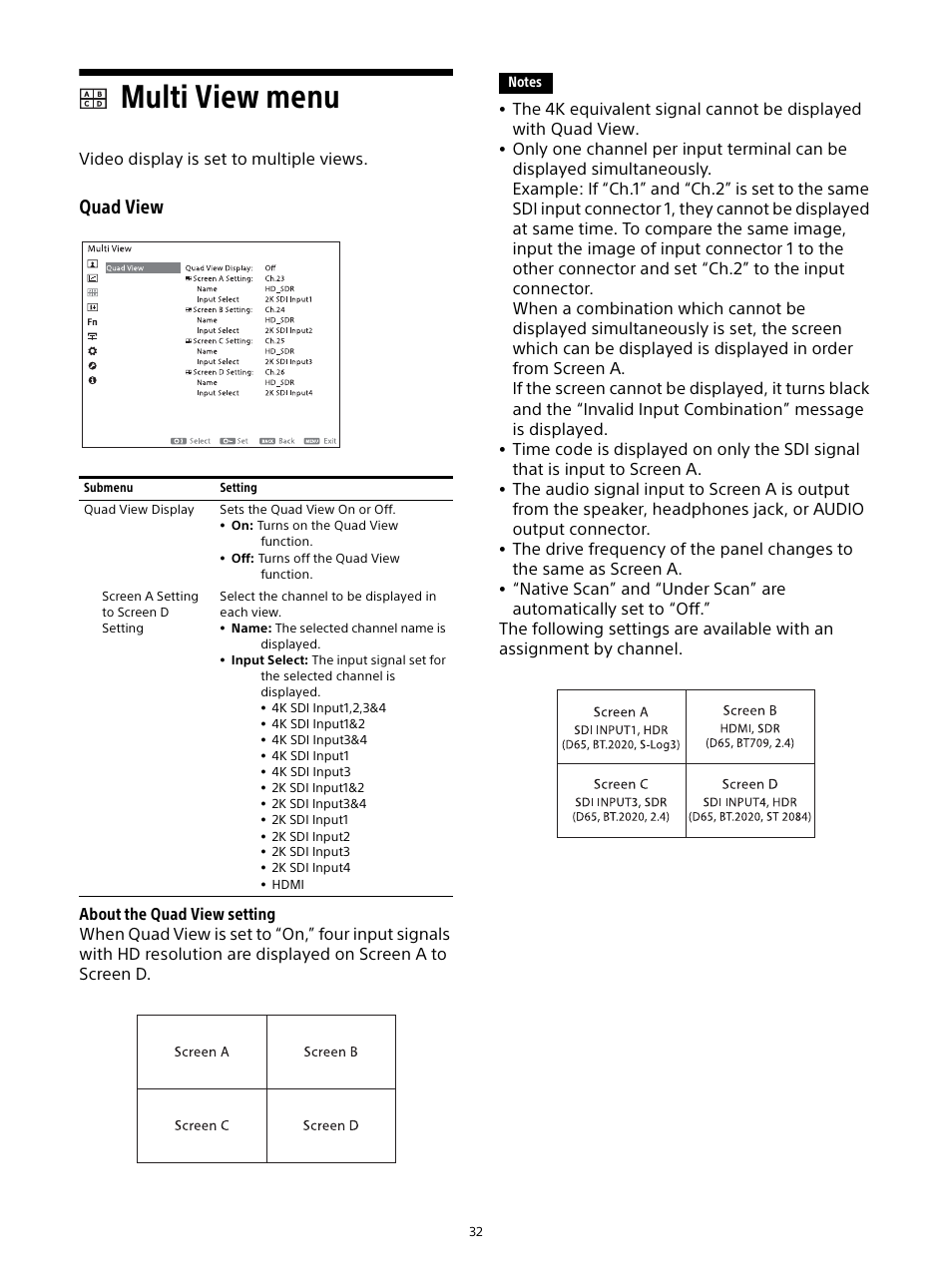 Multi view menu, Quad view, Video display is set to multiple views | Sony Planar T* FE 50mm f/1.4 ZA Lens User Manual | Page 32 / 55