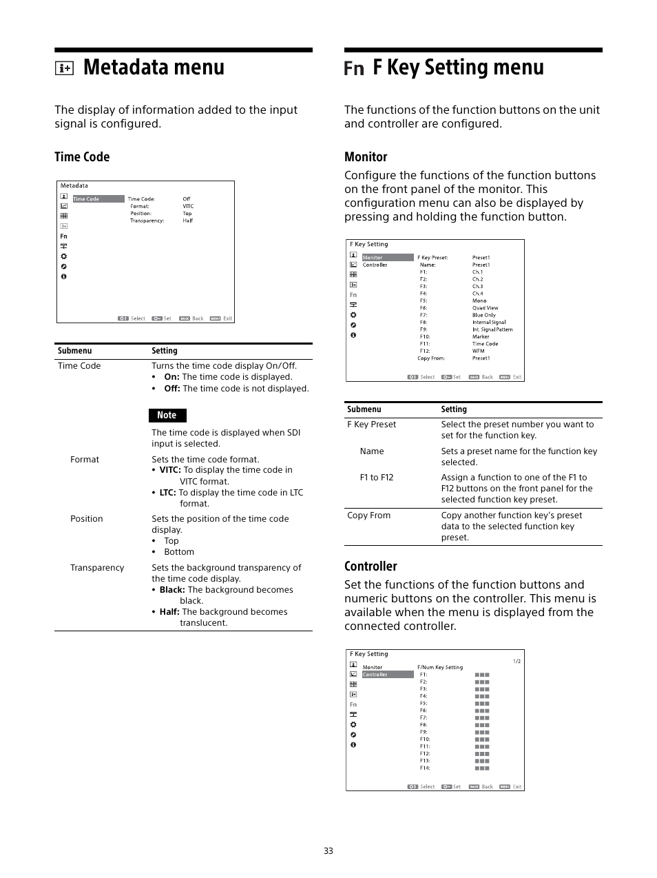 Metadata menu, F key setting menu, Metadata menu f key setting menu | Time code, Monitor, Controller | Sony Planar T* FE 50mm f/1.4 ZA Lens User Manual | Page 33 / 55