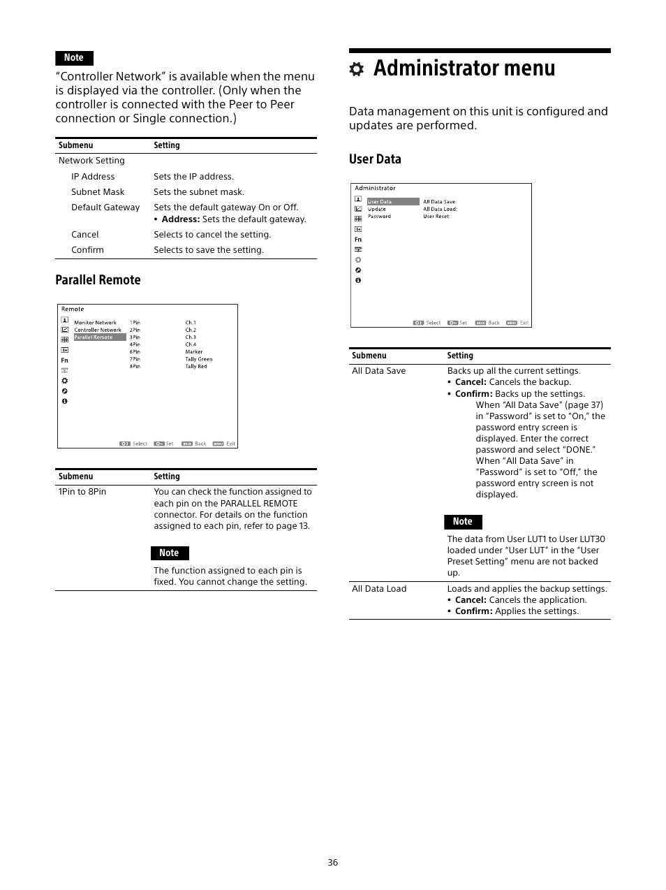 Administrator menu, Parallel remote, User data | Sony Planar T* FE 50mm f/1.4 ZA Lens User Manual | Page 36 / 55