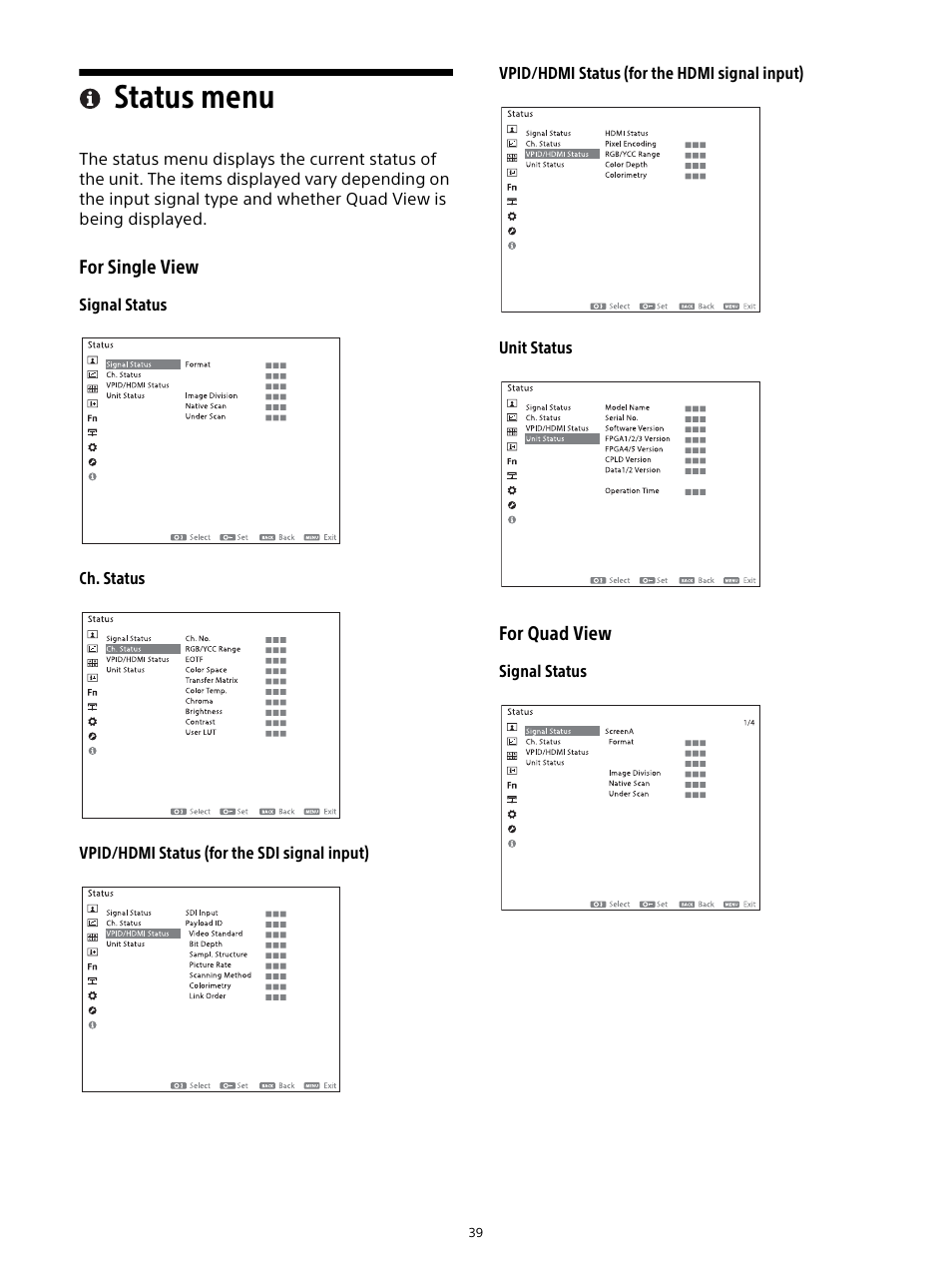 Status menu | Sony Planar T* FE 50mm f/1.4 ZA Lens User Manual | Page 39 / 55