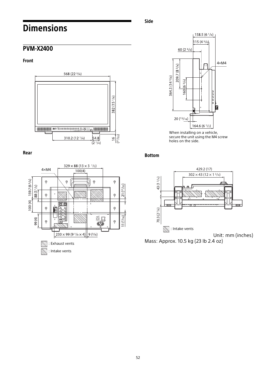 Dimensions, Pvm-x2400 | Sony Planar T* FE 50mm f/1.4 ZA Lens User Manual | Page 52 / 55