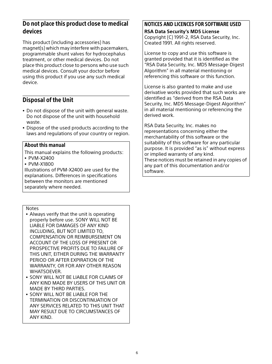 Do not place this product close to medical devices, Disposal of the unit, Do not place this product close to medical | Devices, About this manual, Notices and licences for software used | Sony Planar T* FE 50mm f/1.4 ZA Lens User Manual | Page 6 / 55