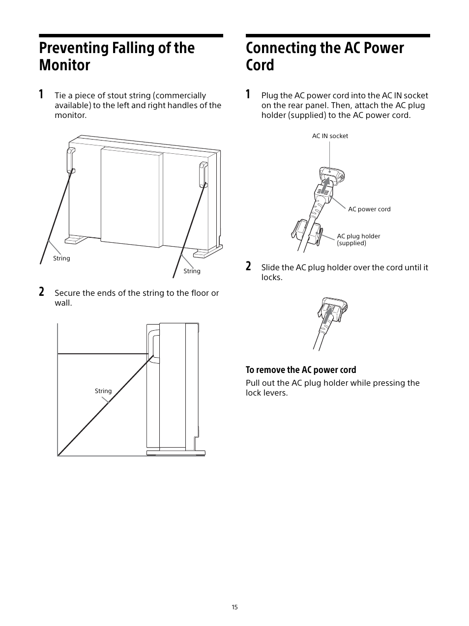 Preventing falling of the monitor, Connecting the ac power cord | Sony Sonnar T* FE 55mm f/1.8 ZA Lens User Manual | Page 15 / 51