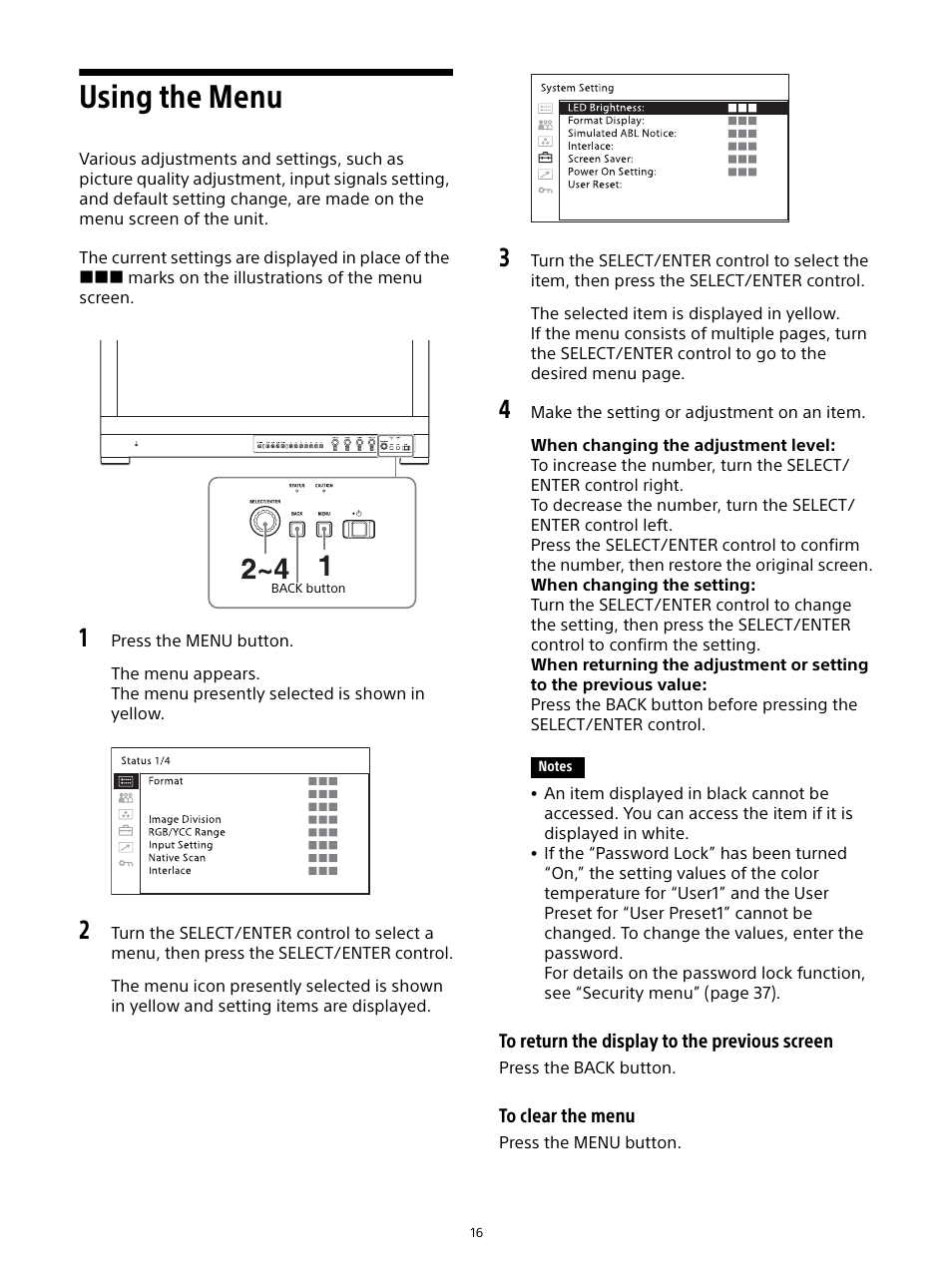 Using the menu | Sony Sonnar T* FE 55mm f/1.8 ZA Lens User Manual | Page 16 / 51