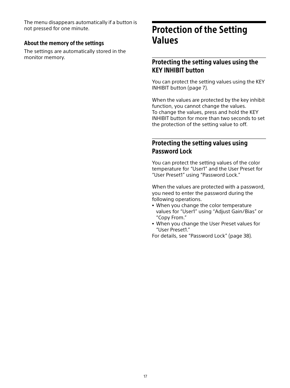 Protection of the setting values, Protecting the setting values using password lock, Protecting the setting values using the | Key inhibit button, Protecting the setting values using, Password lock | Sony Sonnar T* FE 55mm f/1.8 ZA Lens User Manual | Page 17 / 51