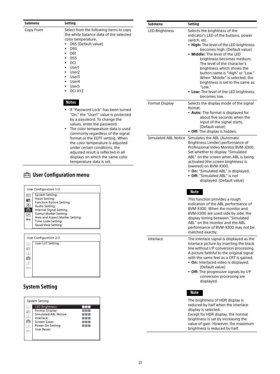 User configuration menu, User configuration menu system setting | Sony Sonnar T* FE 55mm f/1.8 ZA Lens User Manual | Page 21 / 51