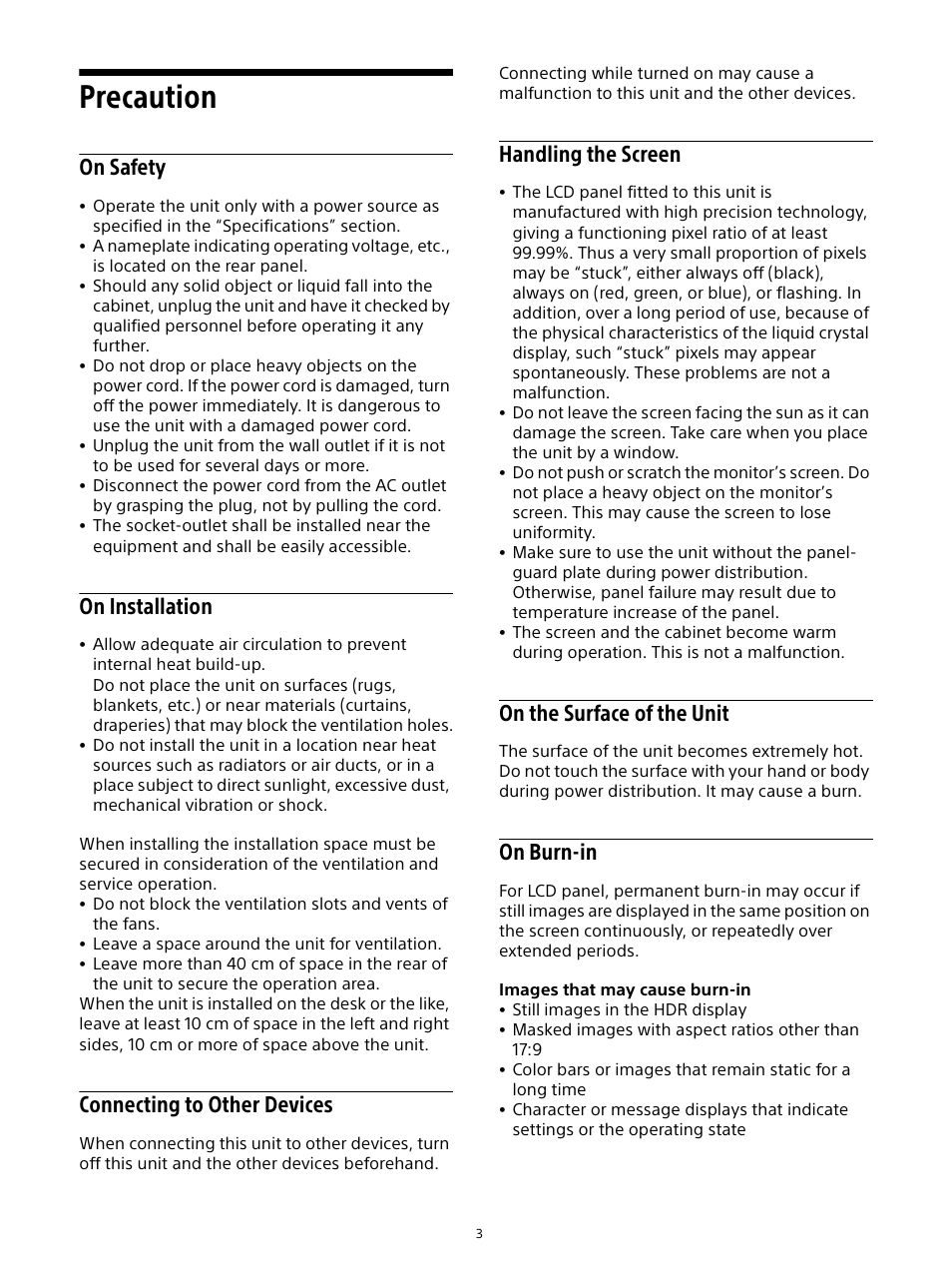 Precaution, On safety, On installation | Connecting to other devices, Handling the screen, On the surface of the unit, On burn-in | Sony Sonnar T* FE 55mm f/1.8 ZA Lens User Manual | Page 3 / 51