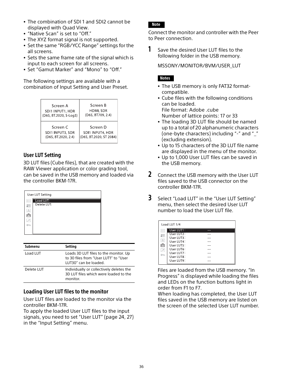 User lut setting, Loading user lut files to the monitor | Sony Sonnar T* FE 55mm f/1.8 ZA Lens User Manual | Page 36 / 51