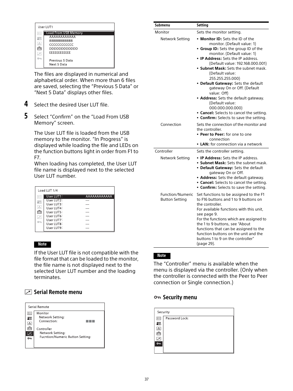 Serial remote menu, Security menu, Serial remote menu security menu | Select the desired user lut file | Sony Sonnar T* FE 55mm f/1.8 ZA Lens User Manual | Page 37 / 51