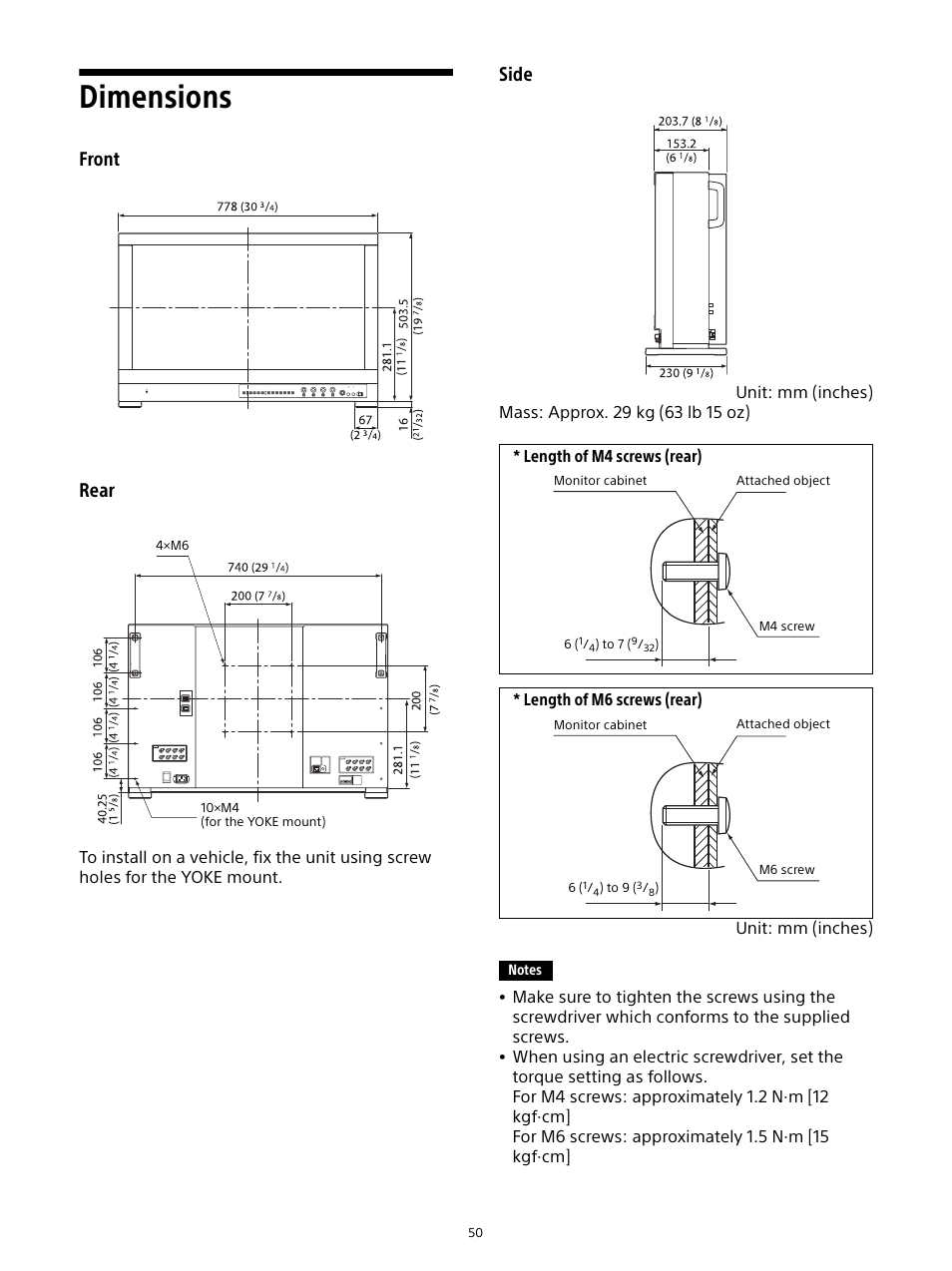 Dimensions, Front rear, Side | Sony Sonnar T* FE 55mm f/1.8 ZA Lens User Manual | Page 50 / 51