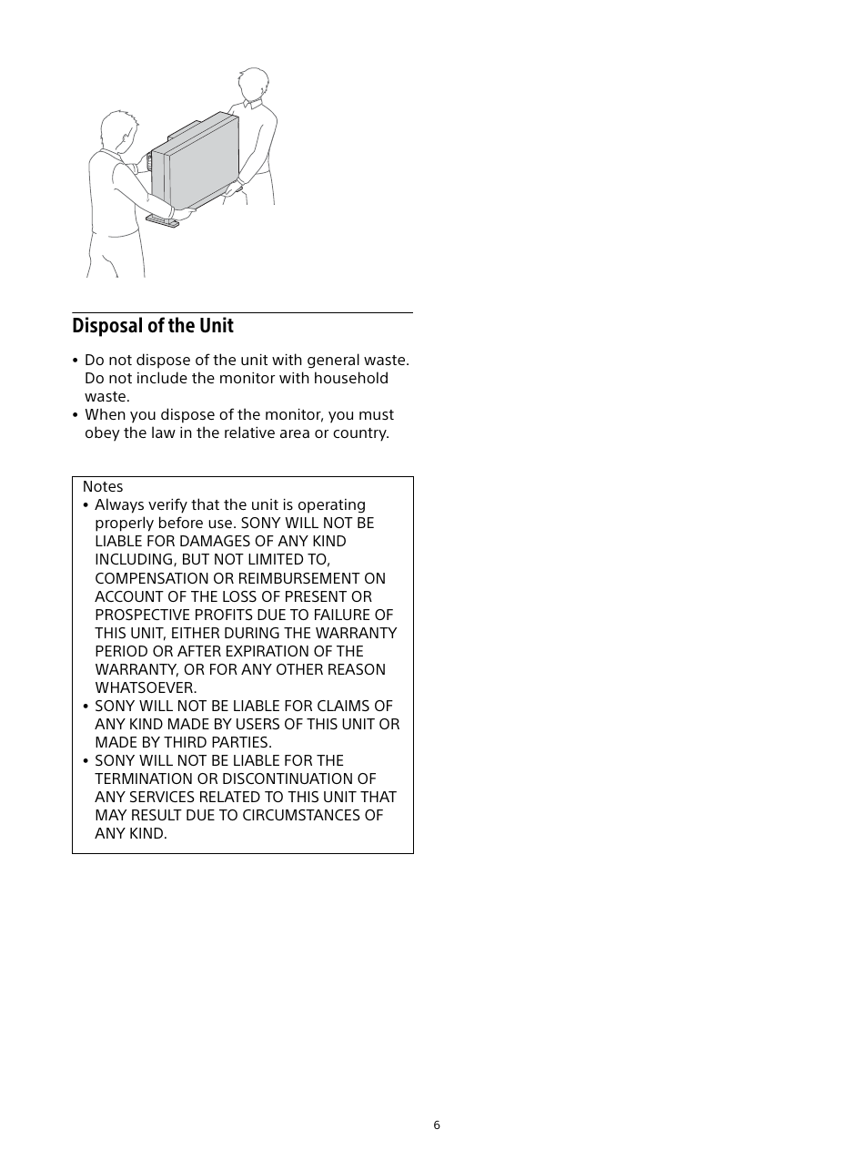 Disposal of the unit | Sony Sonnar T* FE 55mm f/1.8 ZA Lens User Manual | Page 6 / 51