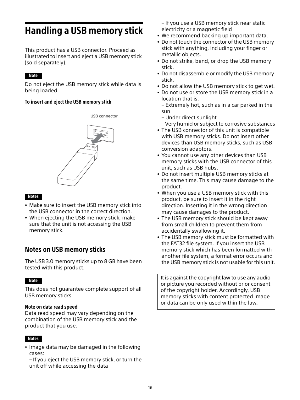 Handling a usb memory stick, Notes on usb memory sticks | Sony E 16mm f/2.8 Lens User Manual | Page 16 / 86