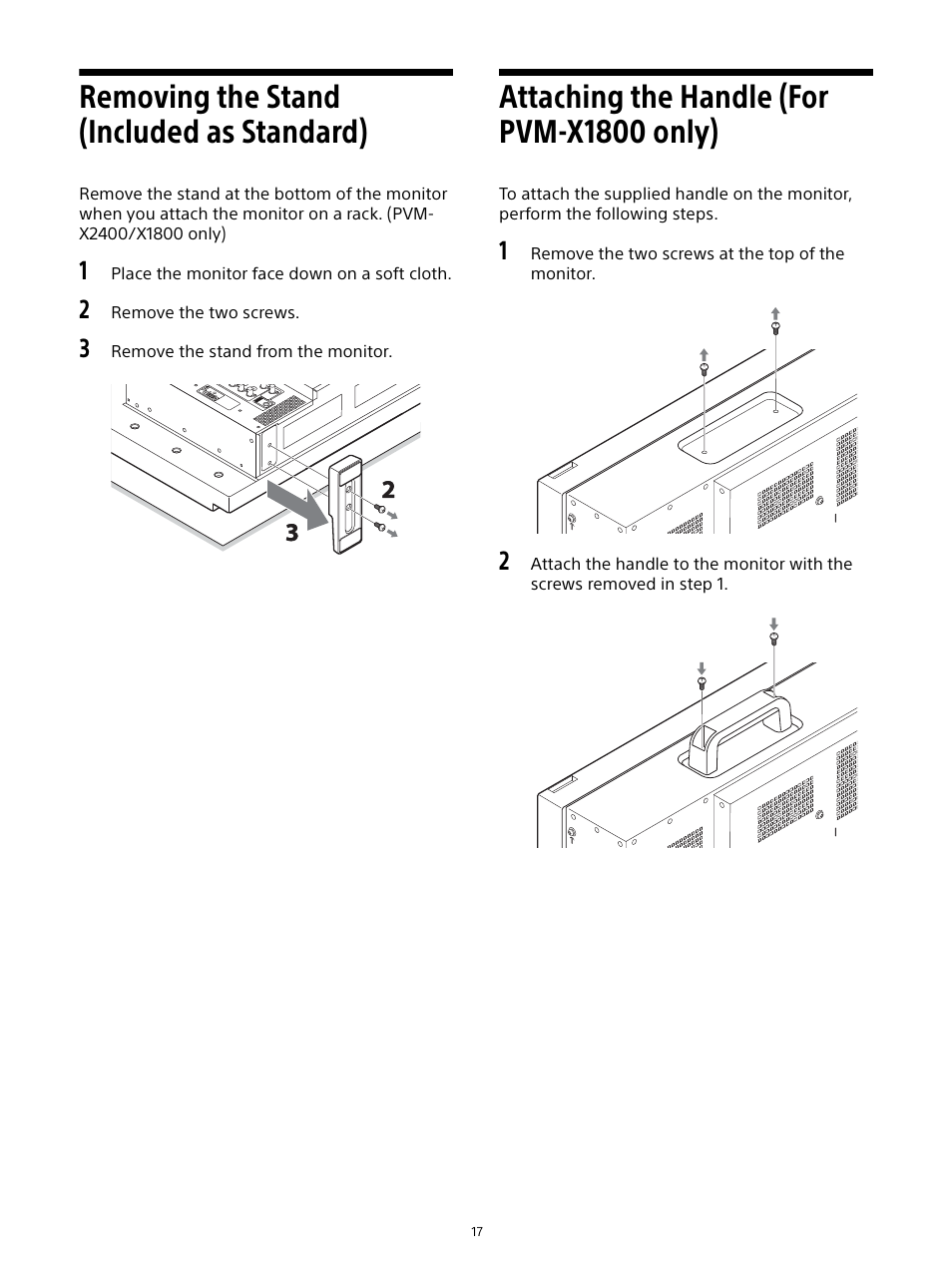 Removing the stand (included as standard), Attaching the handle (for pvm-x1800 only) | Sony E 16mm f/2.8 Lens User Manual | Page 17 / 86