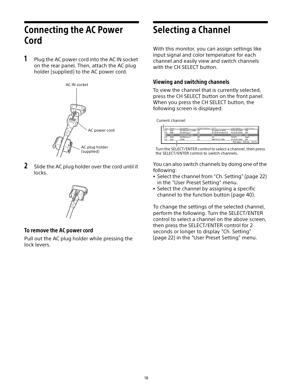 Connecting the ac power cord, Selecting a channel, Connecting the ac power cord selecting a channel | Sony E 16mm f/2.8 Lens User Manual | Page 18 / 86