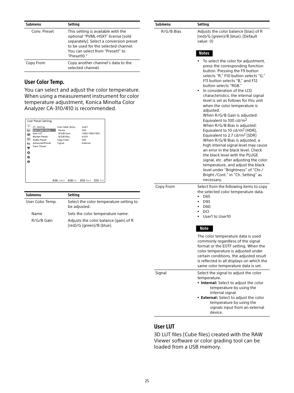 User color temp, User lut | Sony E 16mm f/2.8 Lens User Manual | Page 25 / 86