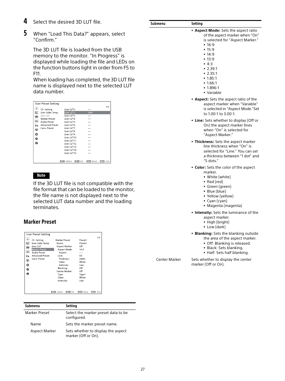 Marker preset, Select the desired 3d lut file | Sony E 16mm f/2.8 Lens User Manual | Page 27 / 86